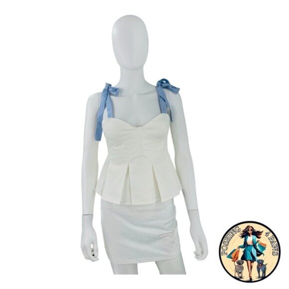 Hyacinth House NEW White and Blue Ophelia Bow Preppy Peplum Top Size Large - Picture 3 of 8
